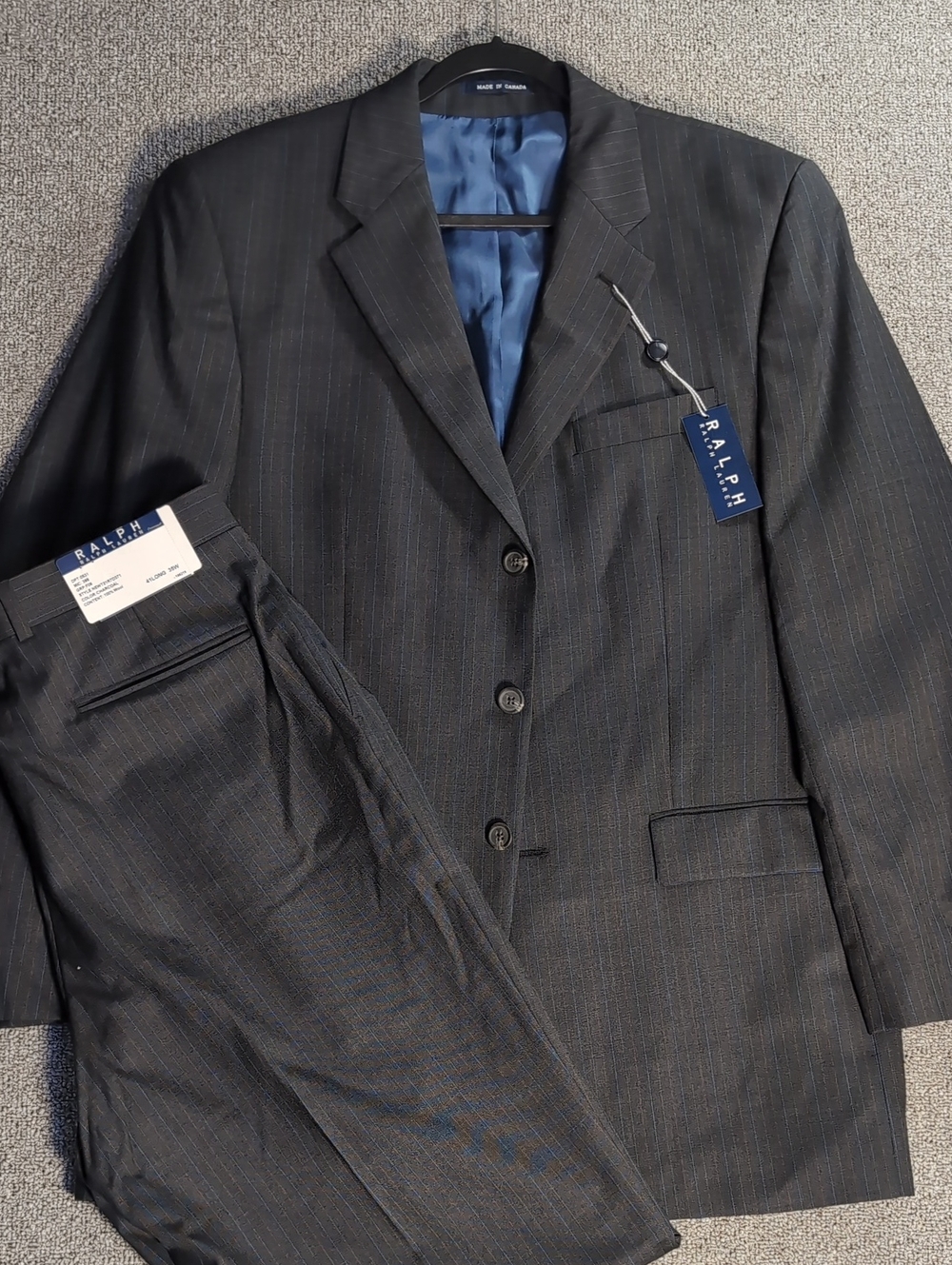 NWT Ralph Lauren Charcoal Pinstripe Merino Wool 3 Button Suit 41L 35W 2-Piece